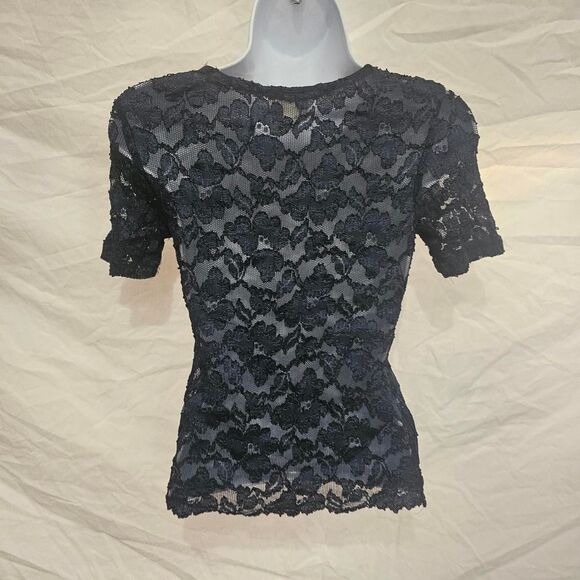 Vintage 90s navy blue lace short sleeve top - Picture 3 of 5